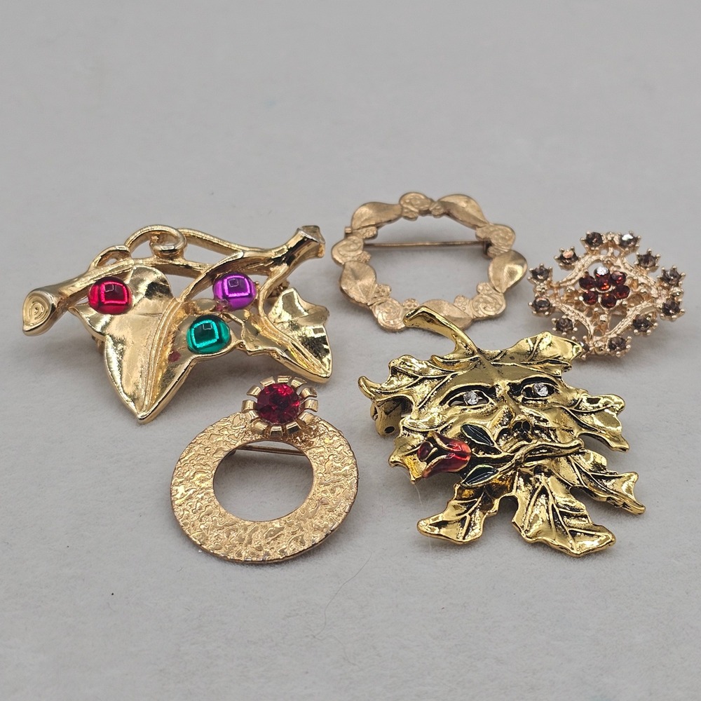 Rhinestone Brooch Lot Gold Tone Leaf Wreath Botanical 5pc Nature - Picture 8 of 10